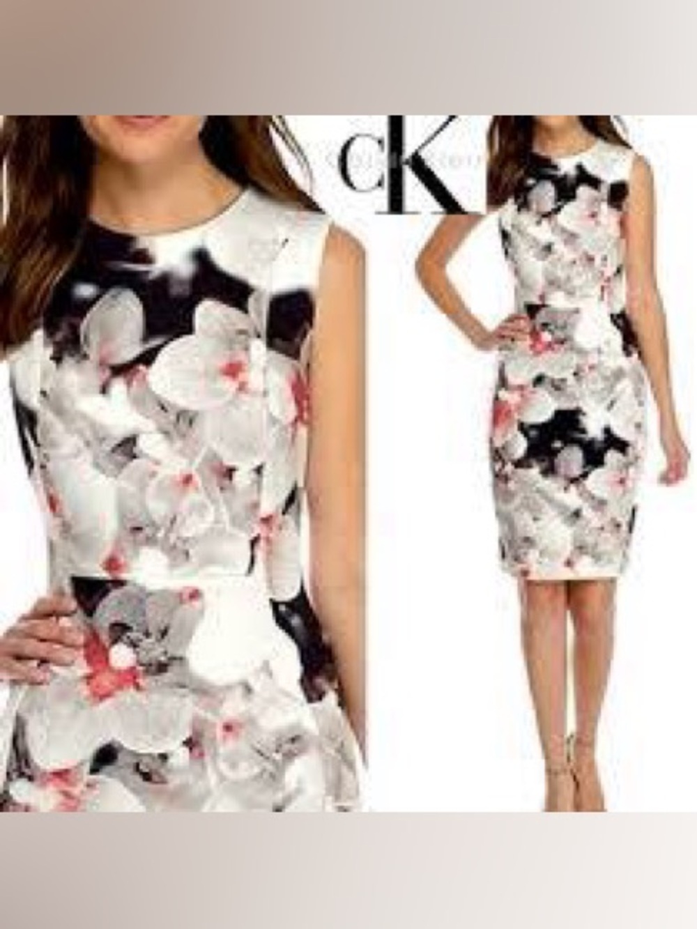 Calvin Klein White Floral Print Sheath Dress with Pink Accents